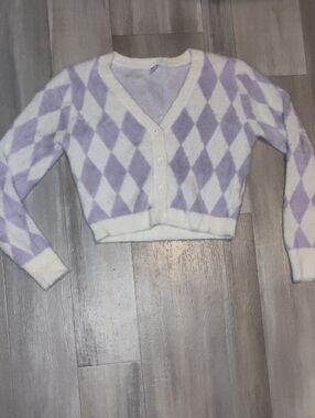 twik Lavender and White Argyle Cropped Cardigan